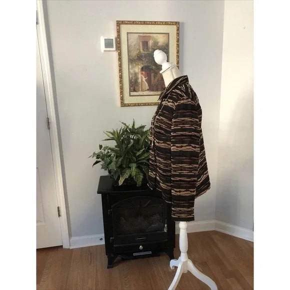 Woman’s Coldwater Creek Striped Brown Jacket M Long Sleeve Open Button Collared - Picture 3 of 9